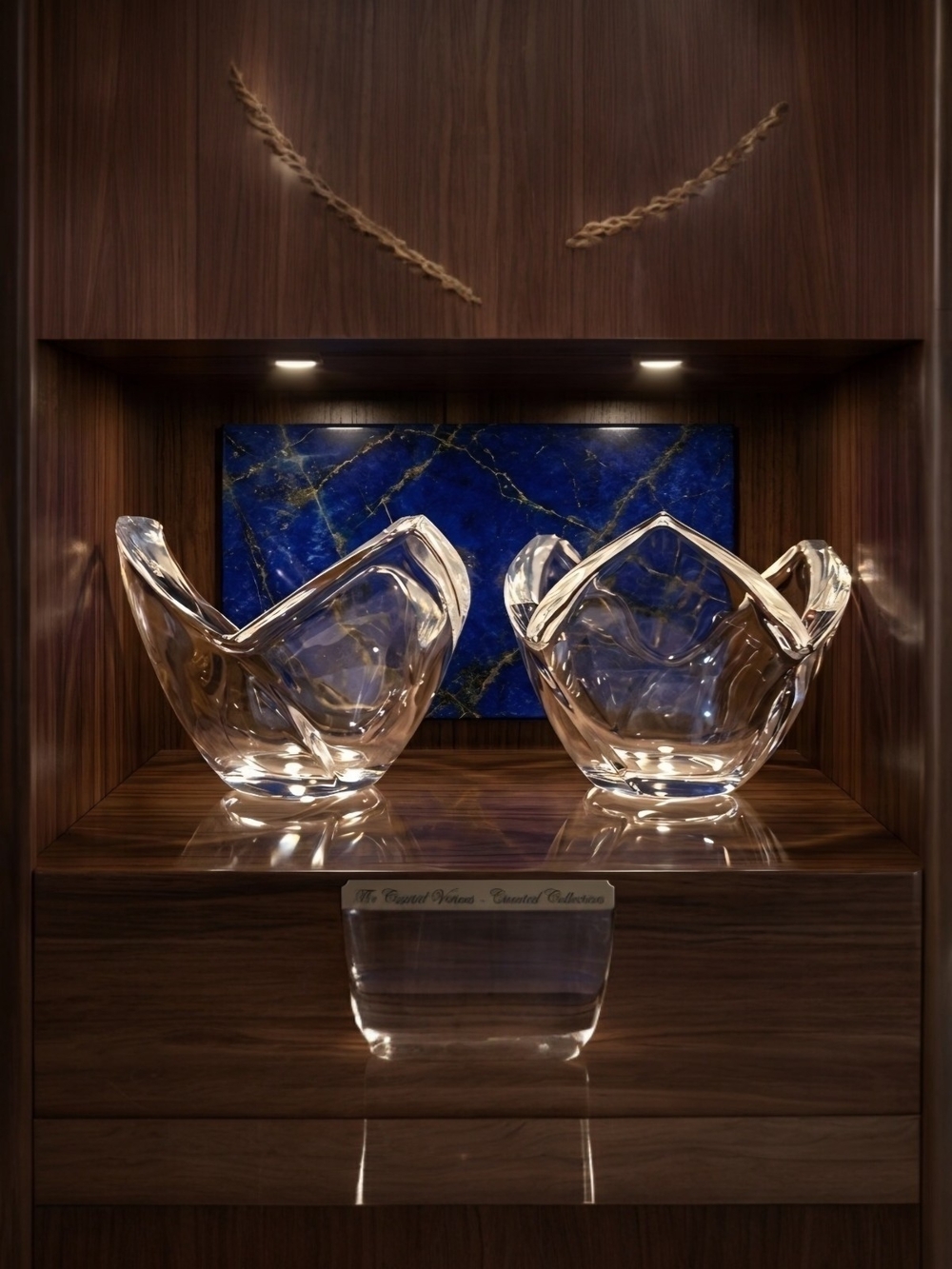 Pair of Elegant Sculptural Crystal Tea Light Holders with a 3 Pedal Design. ♡